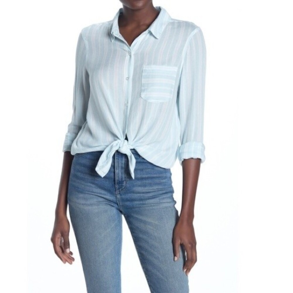 Abound “Weekend” Striped Blue/White Tie-Front Shirt